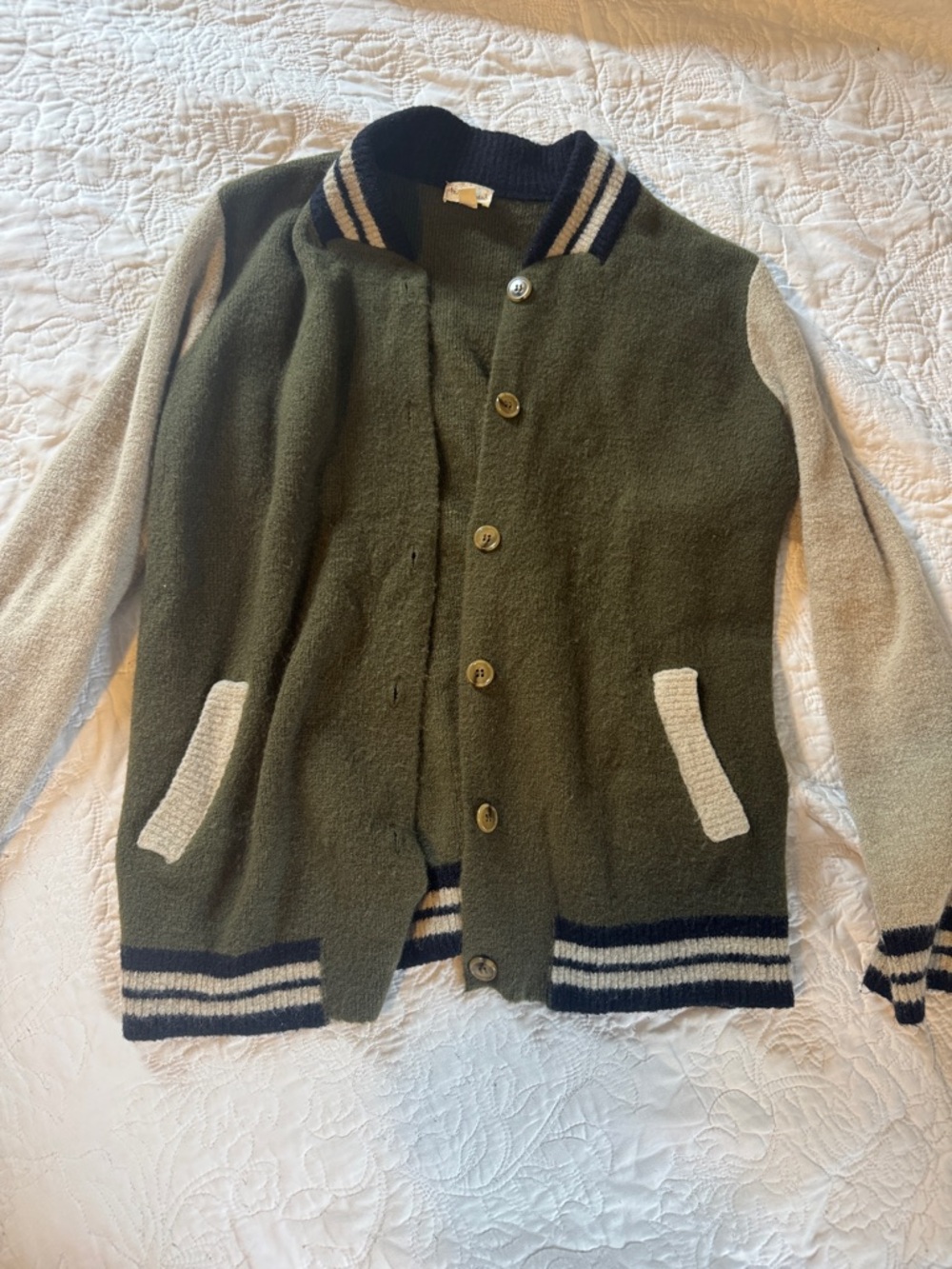 Hem & Thread Olive Green and Cream Varsity Jacket